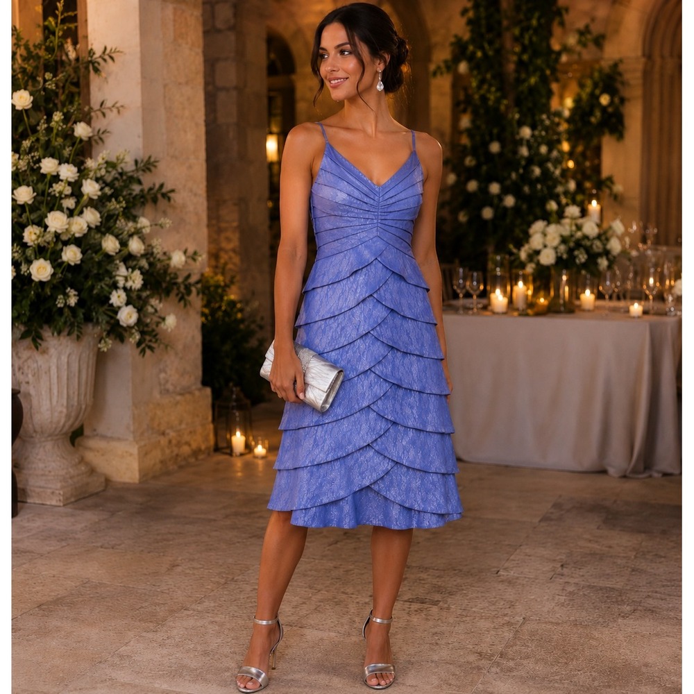 Adrianna Papell Periwinkle Blue Tiered Shimmer Dress Size 12